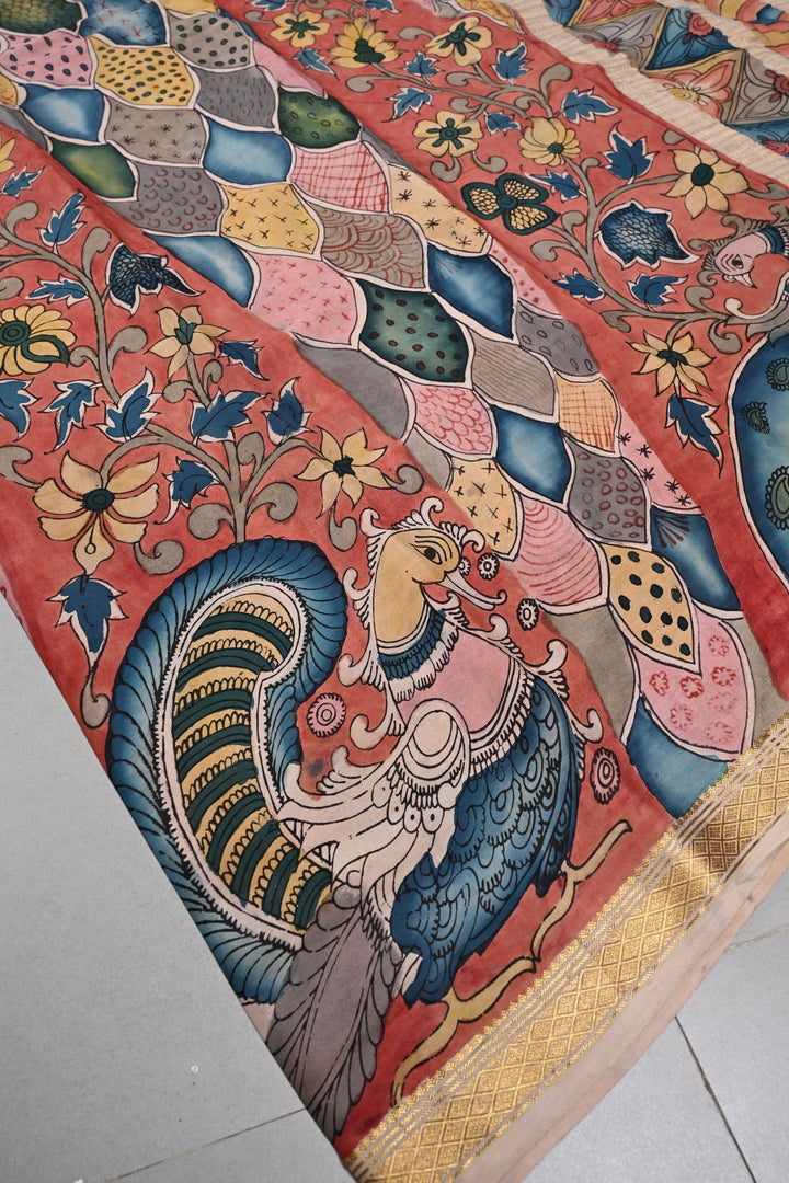 Floral and Peacock Theme : Authentic Pen Kalamkari Handpainted  on Mysore Silk Saree with Minimal Zari Border | SILK MARK CERTIFIED | SHOBITAM