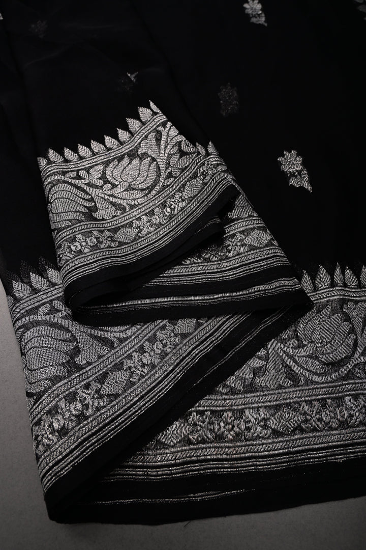 Black Pure Chiffon Silk Saree with Silver Tone Floral Zari Buttas and Zari Border | SILK MARK CERTIFIED | SHOBITAM