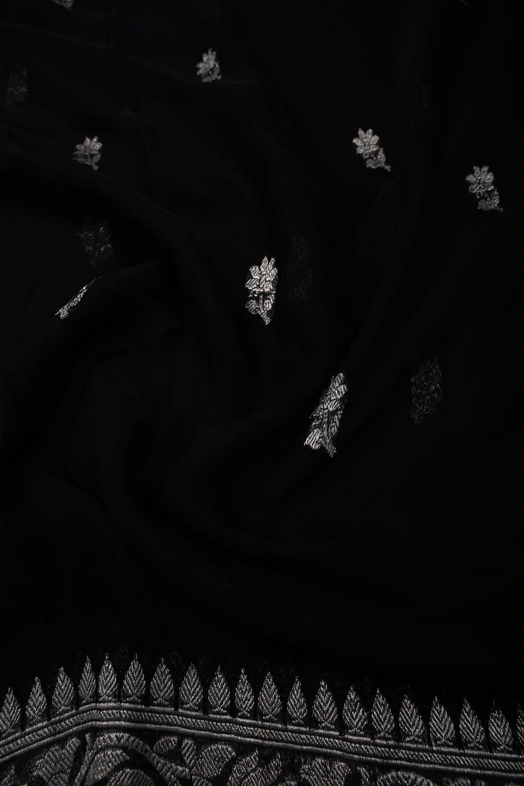 Black Pure Chiffon Silk Saree with Silver Tone Floral Zari Buttas and Zari Border | SILK MARK CERTIFIED | SHOBITAM
