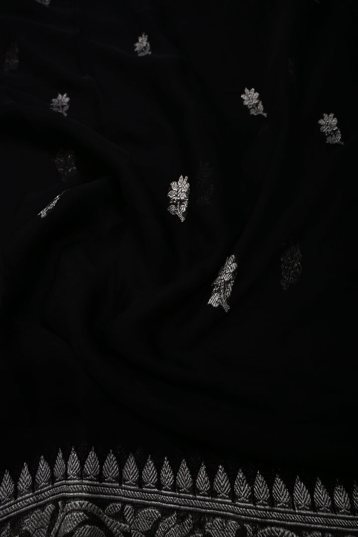 Black Pure Chiffon Silk Saree with Silver Tone Floral Zari Buttas and Zari Border | SILK MARK CERTIFIED | SHOBITAM
