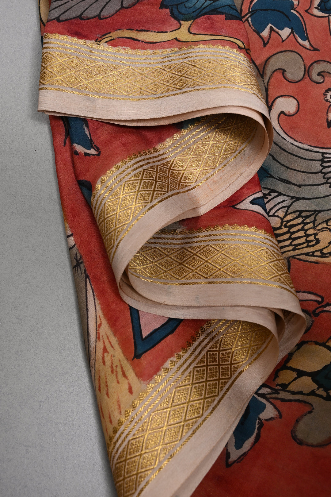 Floral and Peacock Theme : Authentic Pen Kalamkari Handpainted  on Mysore Silk Saree with Minimal Zari Border | SILK MARK CERTIFIED | SHOBITAM