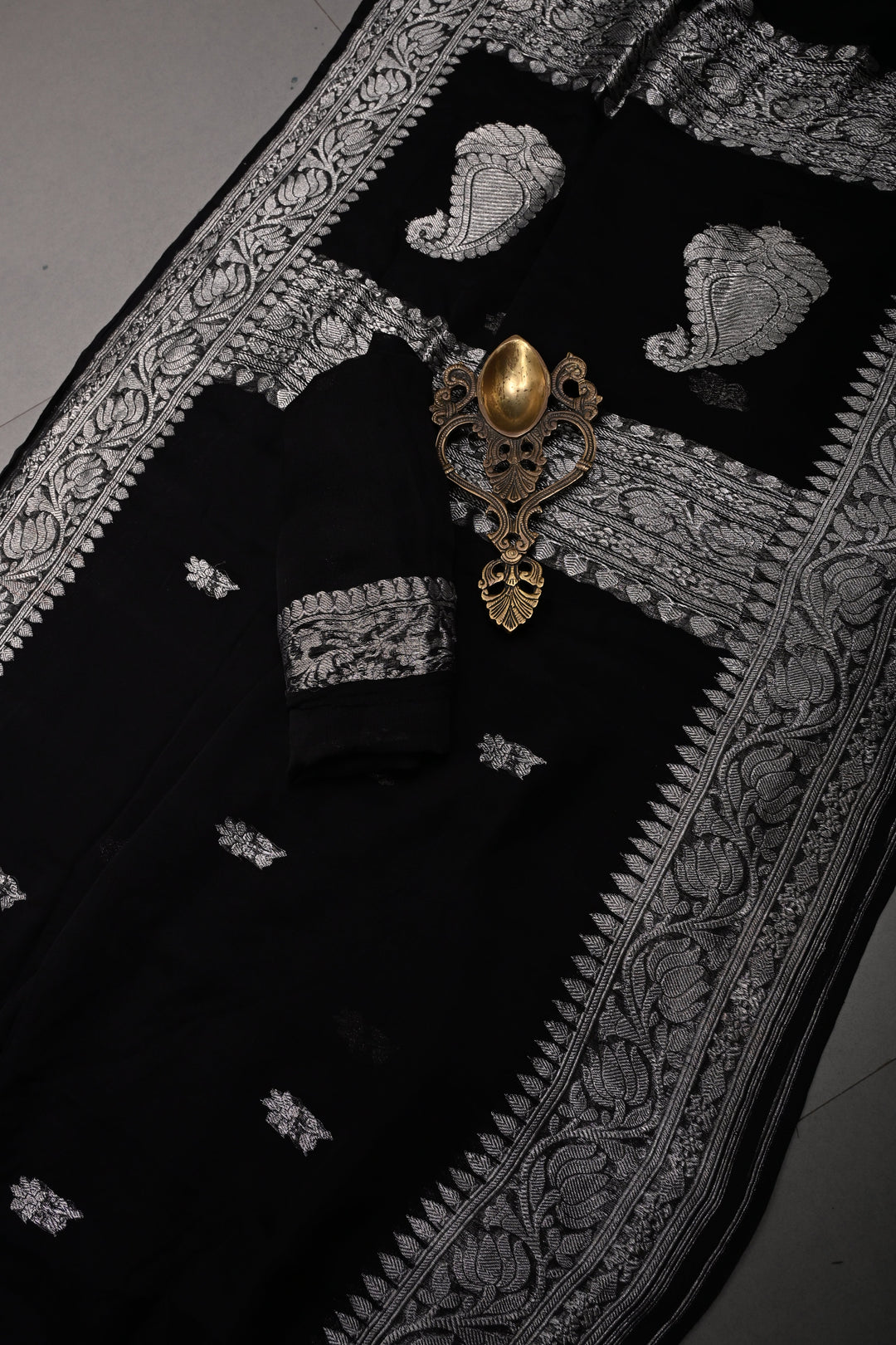 Black Pure Chiffon Silk Saree with Silver Tone Floral Zari Buttas and Zari Border | SILK MARK CERTIFIED | SHOBITAM