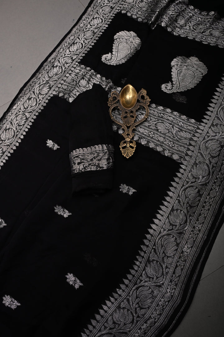 Black Pure Chiffon Silk Saree with Silver Tone Floral Zari Buttas and Zari Border | SILK MARK CERTIFIED | SHOBITAM