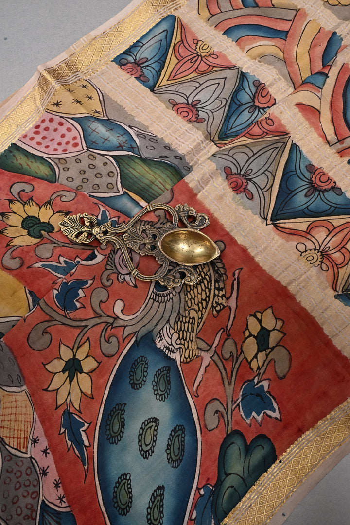 Floral and Peacock Theme : Authentic Pen Kalamkari Handpainted  on Mysore Silk Saree with Minimal Zari Border | SILK MARK CERTIFIED | SHOBITAM