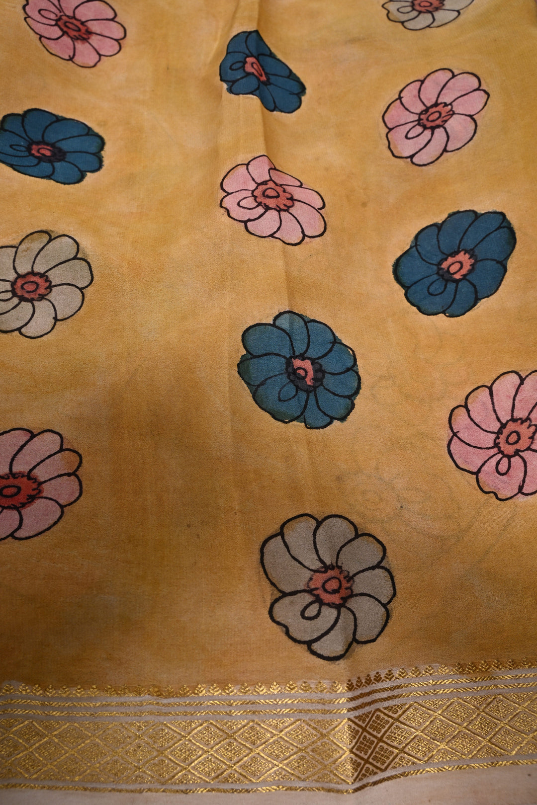 Floral and Peacock Theme : Authentic Pen Kalamkari Handpainted  on Mysore Silk Saree with Minimal Zari Border | SILK MARK CERTIFIED | SHOBITAM