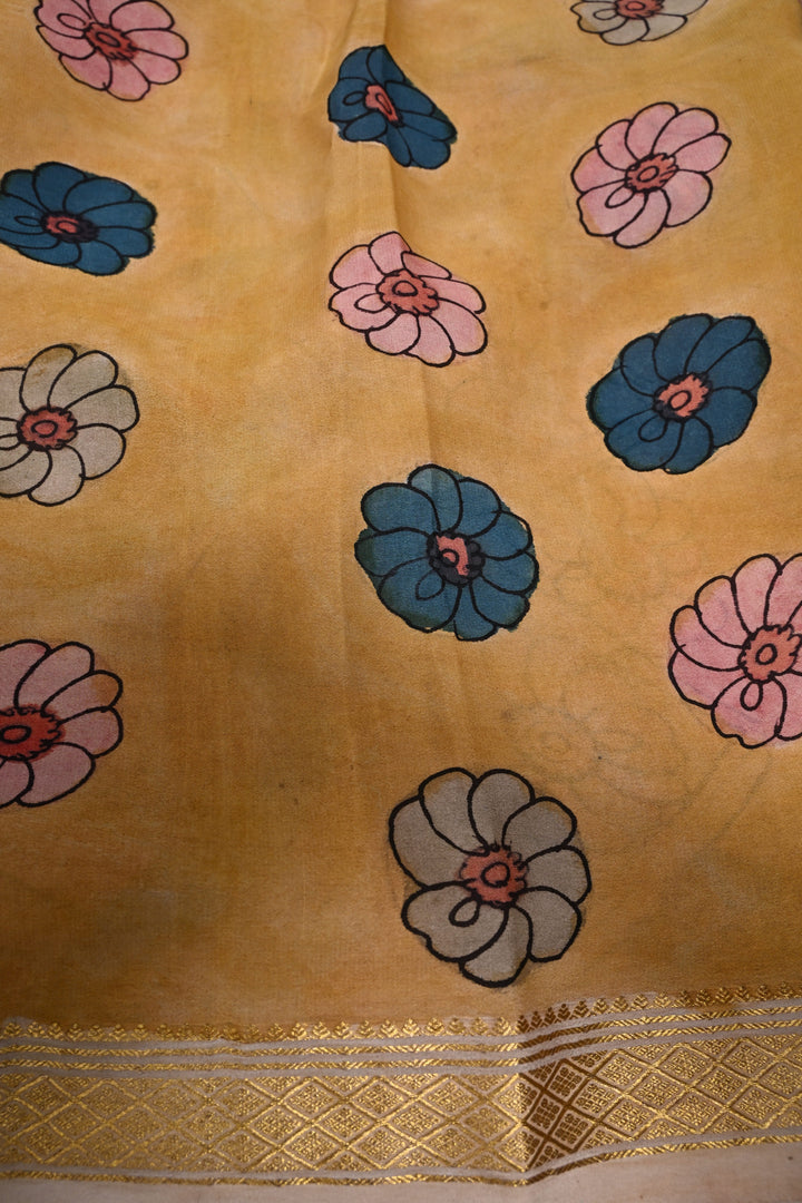 Floral and Peacock Theme : Authentic Pen Kalamkari Handpainted  on Mysore Silk Saree with Minimal Zari Border | SILK MARK CERTIFIED | SHOBITAM