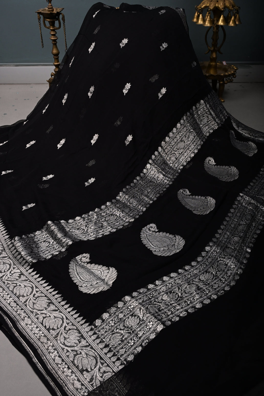 Black Pure Chiffon Silk Saree with Silver Tone Floral Zari Buttas and Zari Border | SILK MARK CERTIFIED | SHOBITAM