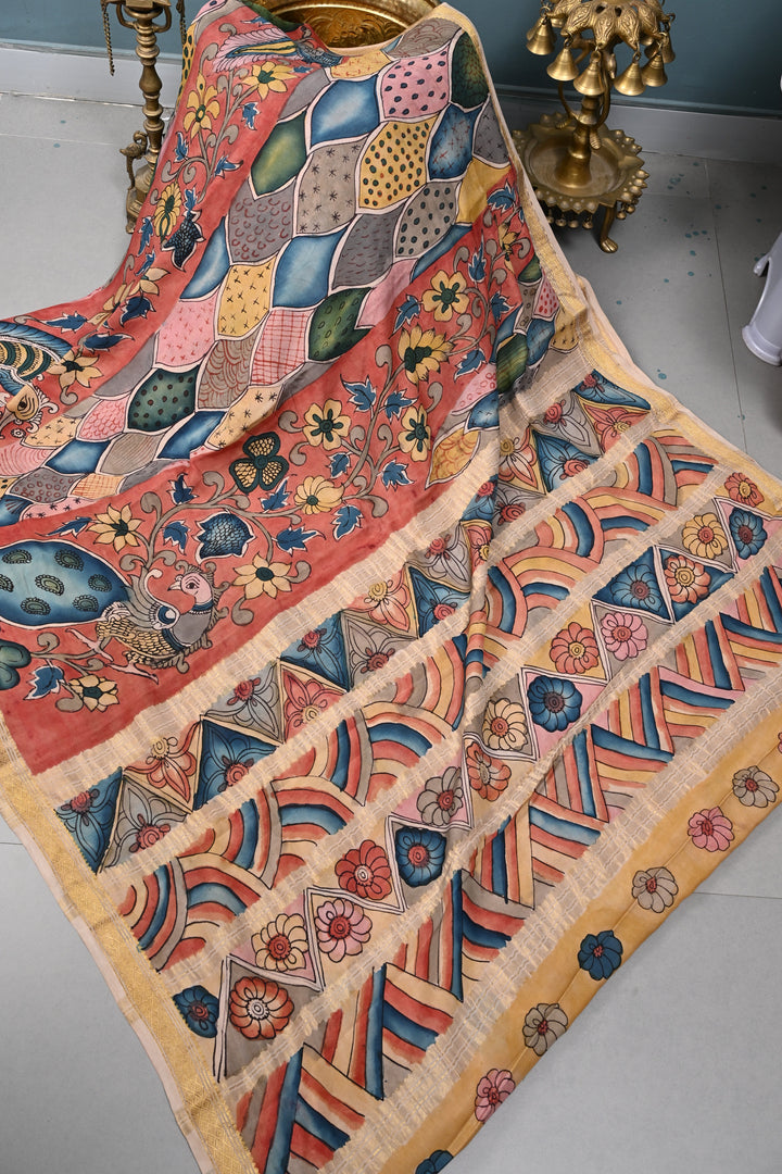 Floral and Peacock Theme : Authentic Pen Kalamkari Handpainted  on Mysore Silk Saree with Minimal Zari Border | SILK MARK CERTIFIED | SHOBITAM
