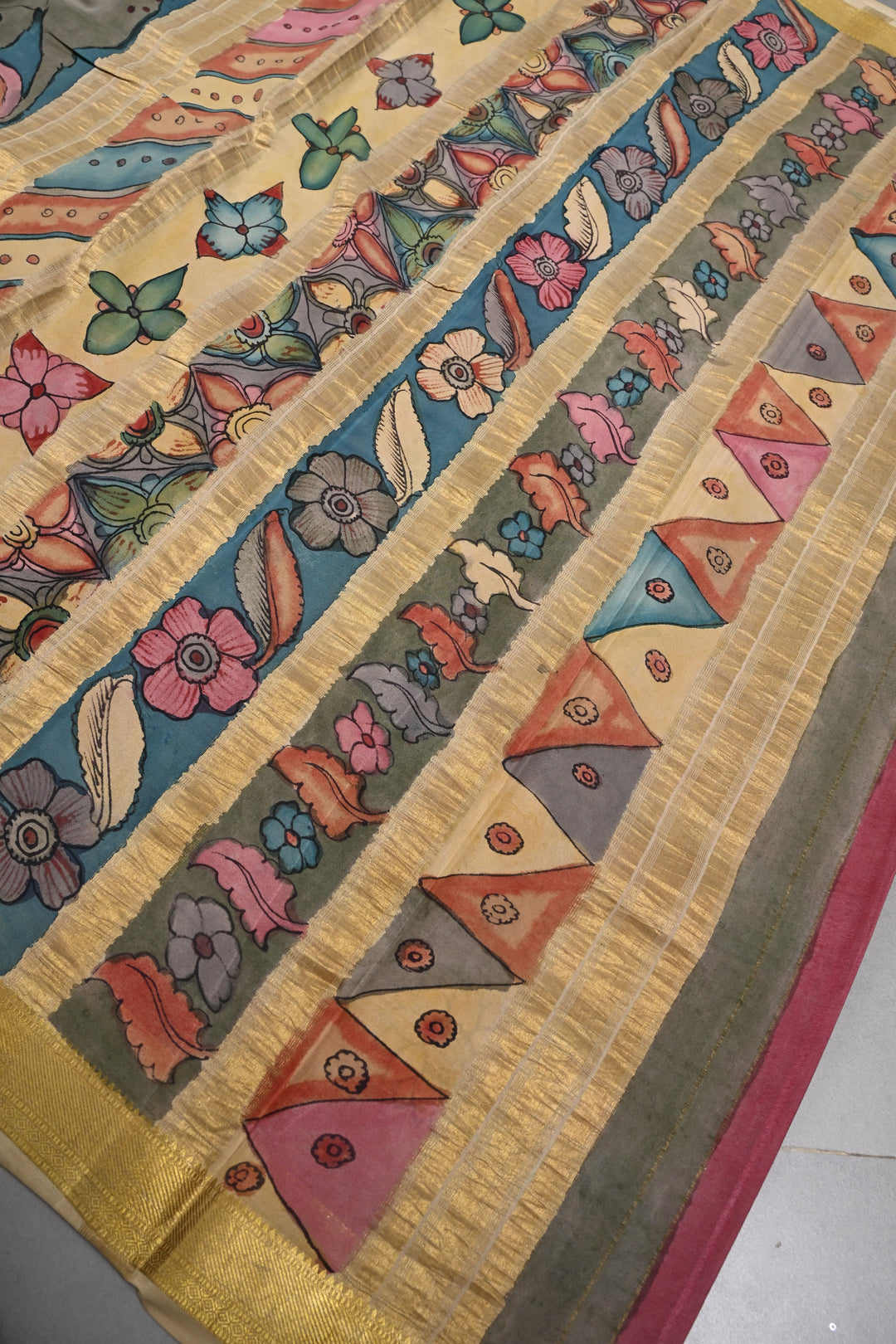 Deer and Floral Theme: Authentic Pen Kalamkari Handpainted  on Mysore Silk Saree with Multicolor Stripes Pattern and Zari Border | SILK MARK CERTIFIED | SHOBITAM