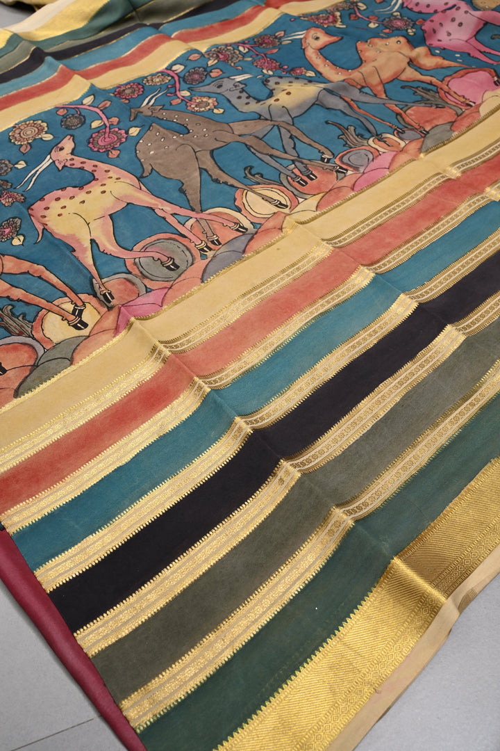 Deer and Floral Theme: Authentic Pen Kalamkari Handpainted  on Mysore Silk Saree with Multicolor Stripes Pattern and Zari Border | SILK MARK CERTIFIED | SHOBITAM