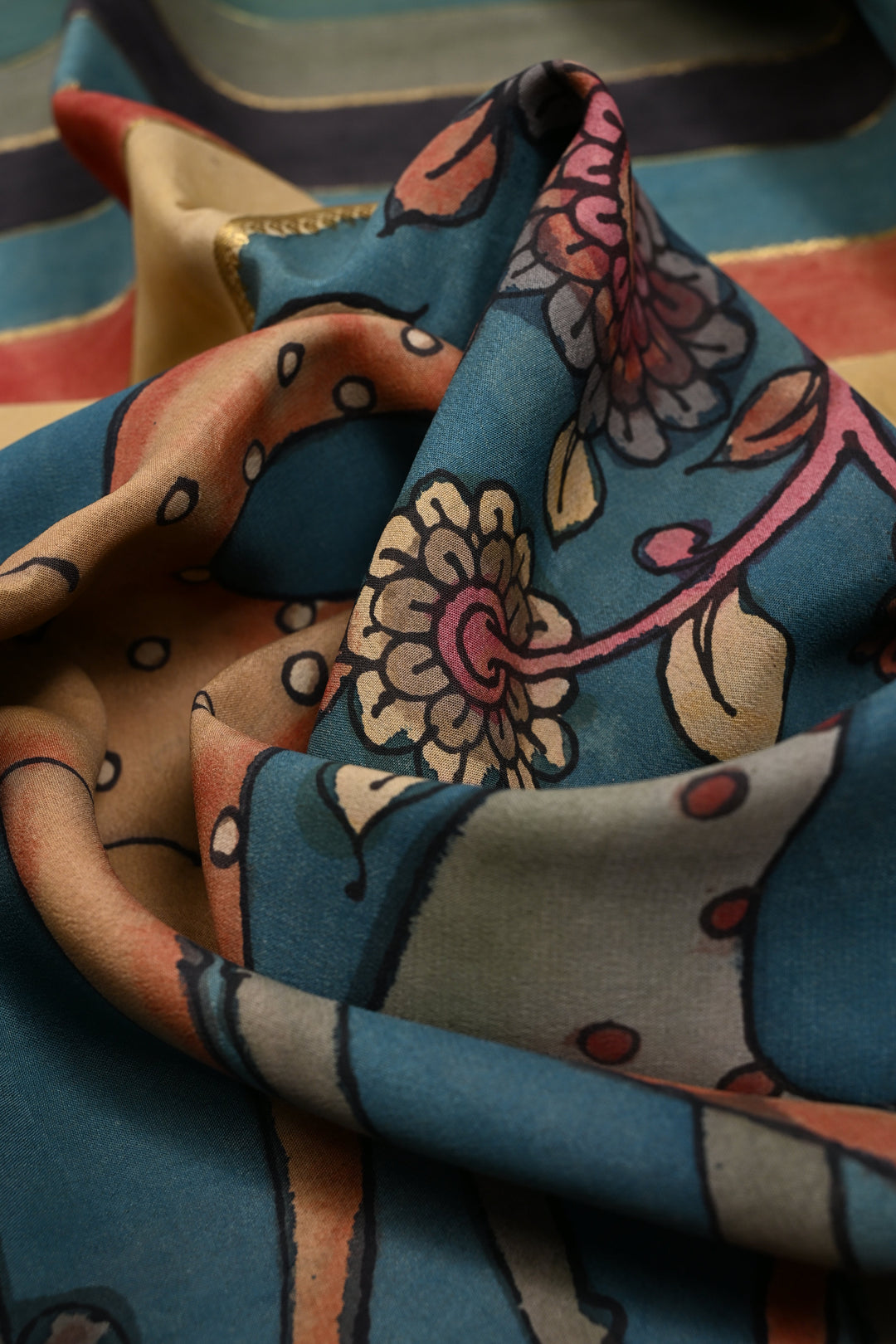 Deer and Floral Theme: Authentic Pen Kalamkari Handpainted  on Mysore Silk Saree with Multicolor Stripes Pattern and Zari Border | SILK MARK CERTIFIED | SHOBITAM