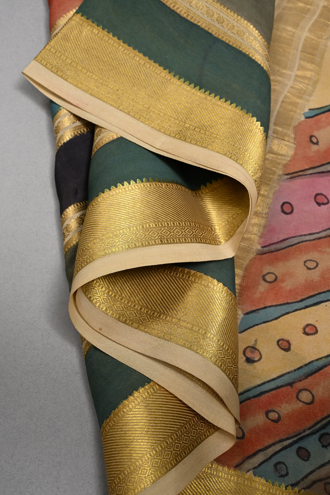 Deer and Floral Theme: Authentic Pen Kalamkari Handpainted  on Mysore Silk Saree with Multicolor Stripes Pattern and Zari Border | SILK MARK CERTIFIED | SHOBITAM