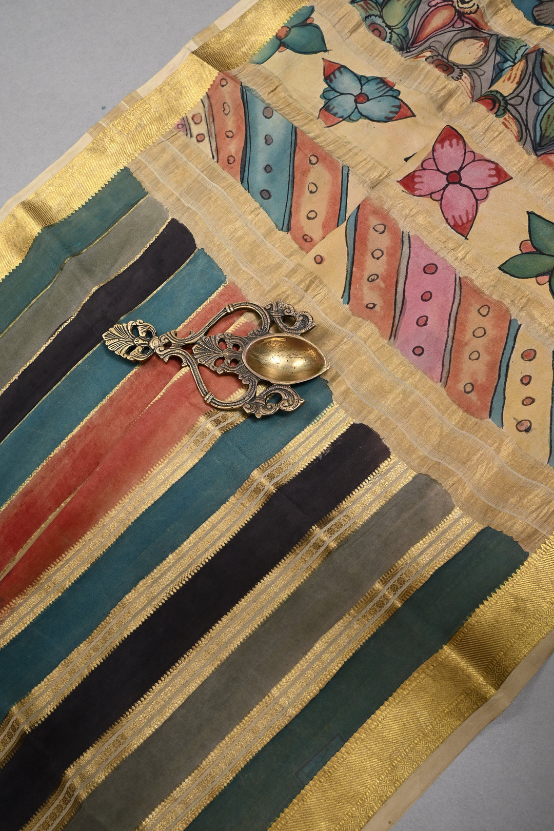 Deer and Floral Theme: Authentic Pen Kalamkari Handpainted  on Mysore Silk Saree with Multicolor Stripes Pattern and Zari Border | SILK MARK CERTIFIED | SHOBITAM