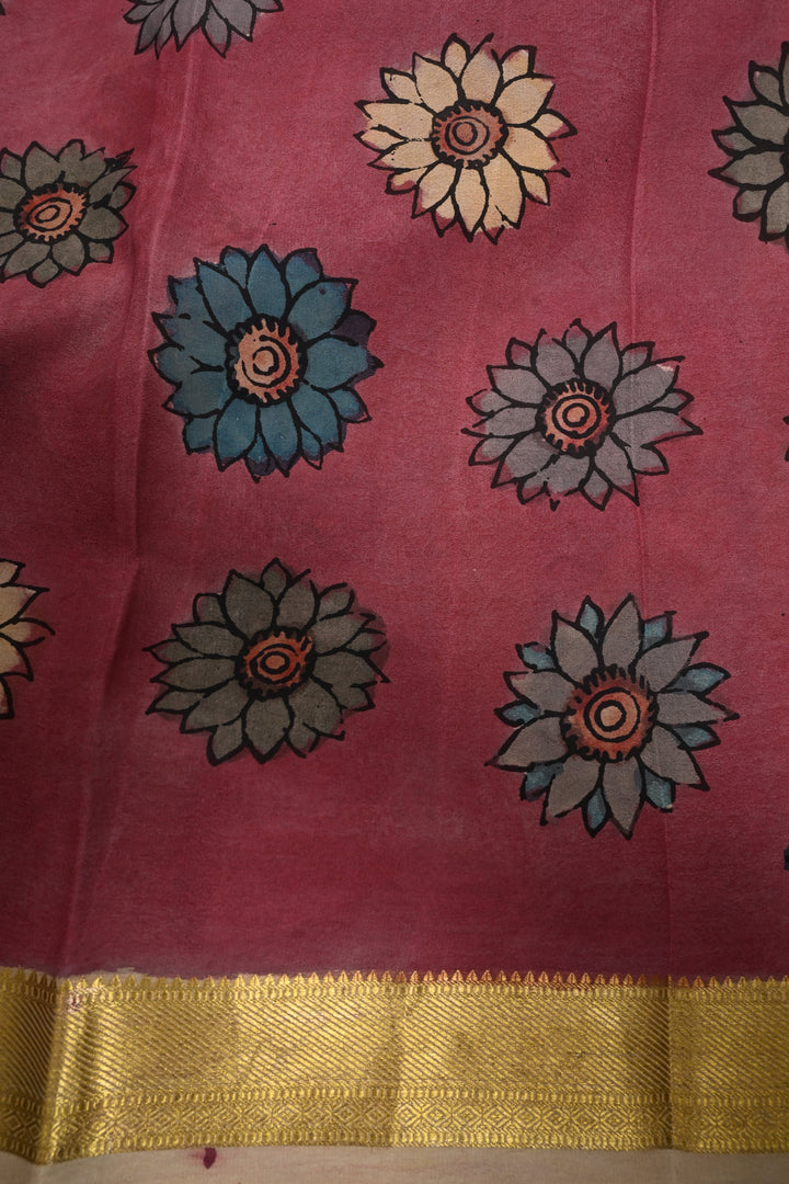 Deer and Floral Theme: Authentic Pen Kalamkari Handpainted  on Mysore Silk Saree with Multicolor Stripes Pattern and Zari Border | SILK MARK CERTIFIED | SHOBITAM