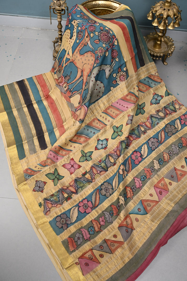 Deer and Floral Theme: Authentic Pen Kalamkari Handpainted  on Mysore Silk Saree with Multicolor Stripes Pattern and Zari Border | SILK MARK CERTIFIED | SHOBITAM
