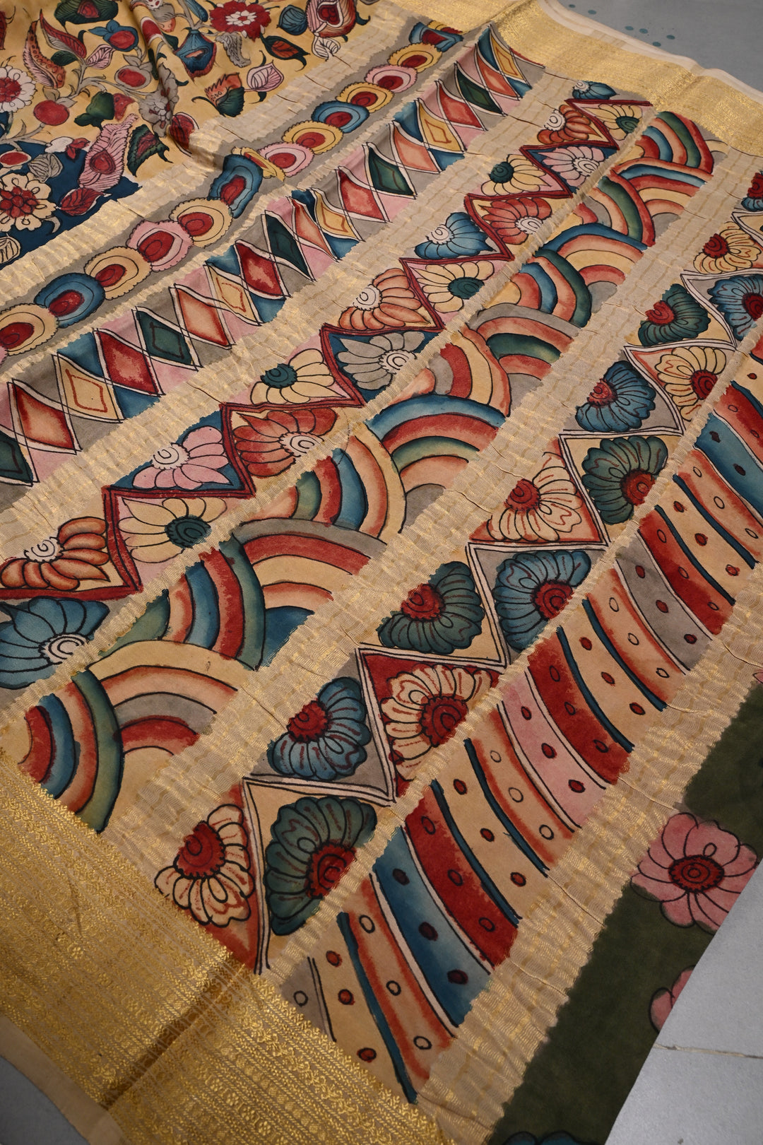 Floral and Peacock Theme : Authentic Pen Kalamkari Handpainted  on Mysore Silk Saree with Zari Border | SILK MARK CERTIFIED | SHOBITAM