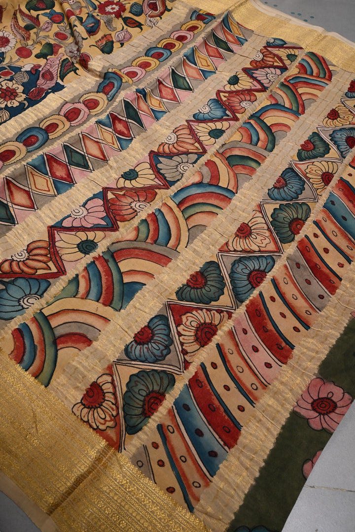 Floral and Peacock Theme : Authentic Pen Kalamkari Handpainted  on Mysore Silk Saree with Zari Border | SILK MARK CERTIFIED | SHOBITAM