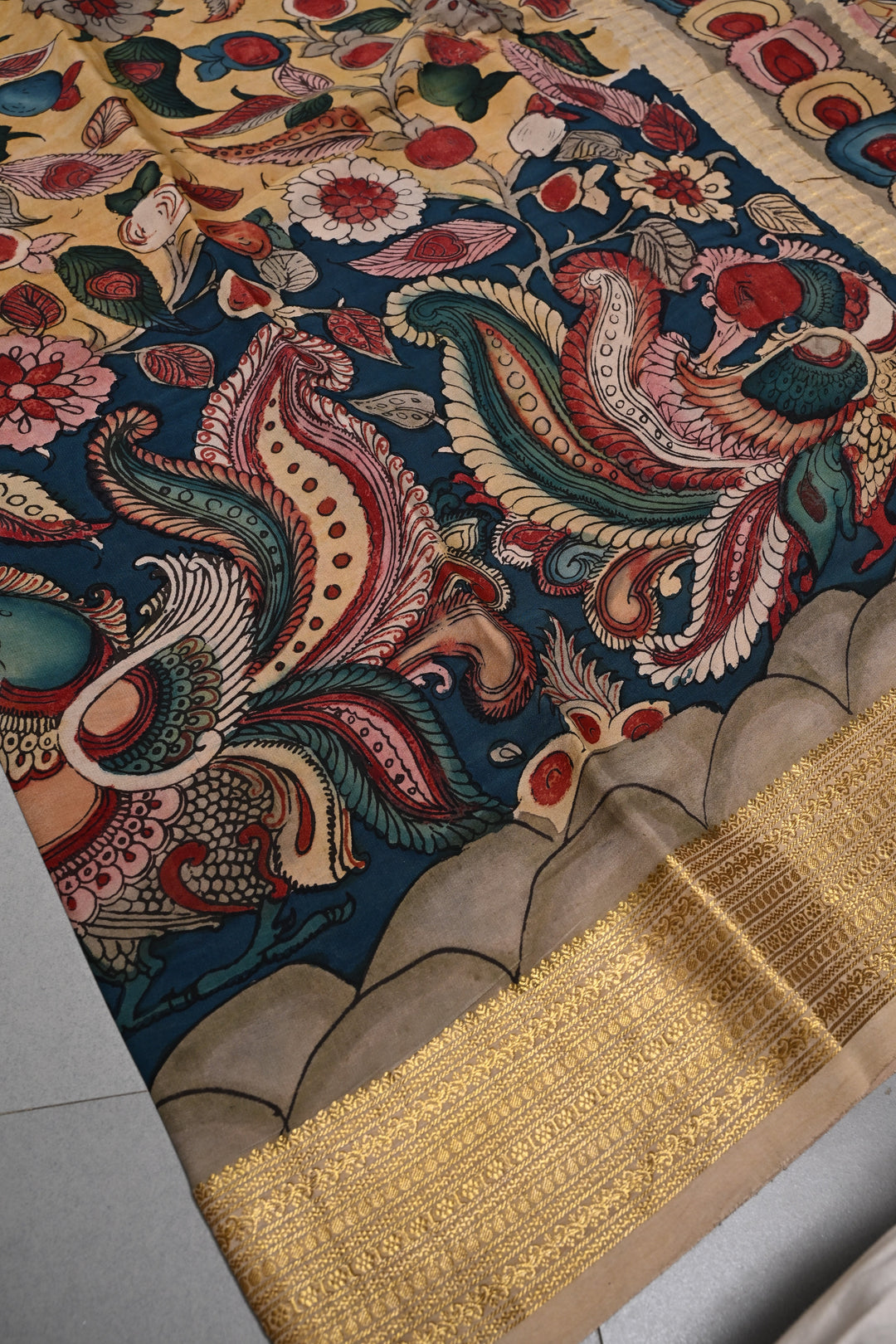 Floral and Peacock Theme : Authentic Pen Kalamkari Handpainted  on Mysore Silk Saree with Zari Border | SILK MARK CERTIFIED | SHOBITAM