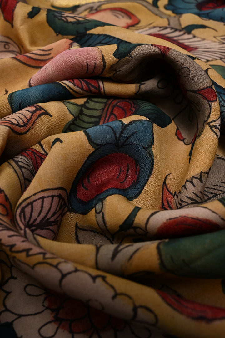 Floral and Peacock Theme : Authentic Pen Kalamkari Handpainted  on Mysore Silk Saree with Zari Border | SILK MARK CERTIFIED | SHOBITAM