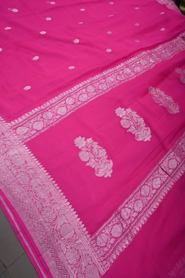 Bright Pink Pure Chiffon Silk Saree with Silver Tone Floral Zari Buttas and Zari Border | SILK MARK CERTIFIED | SHOBITAM