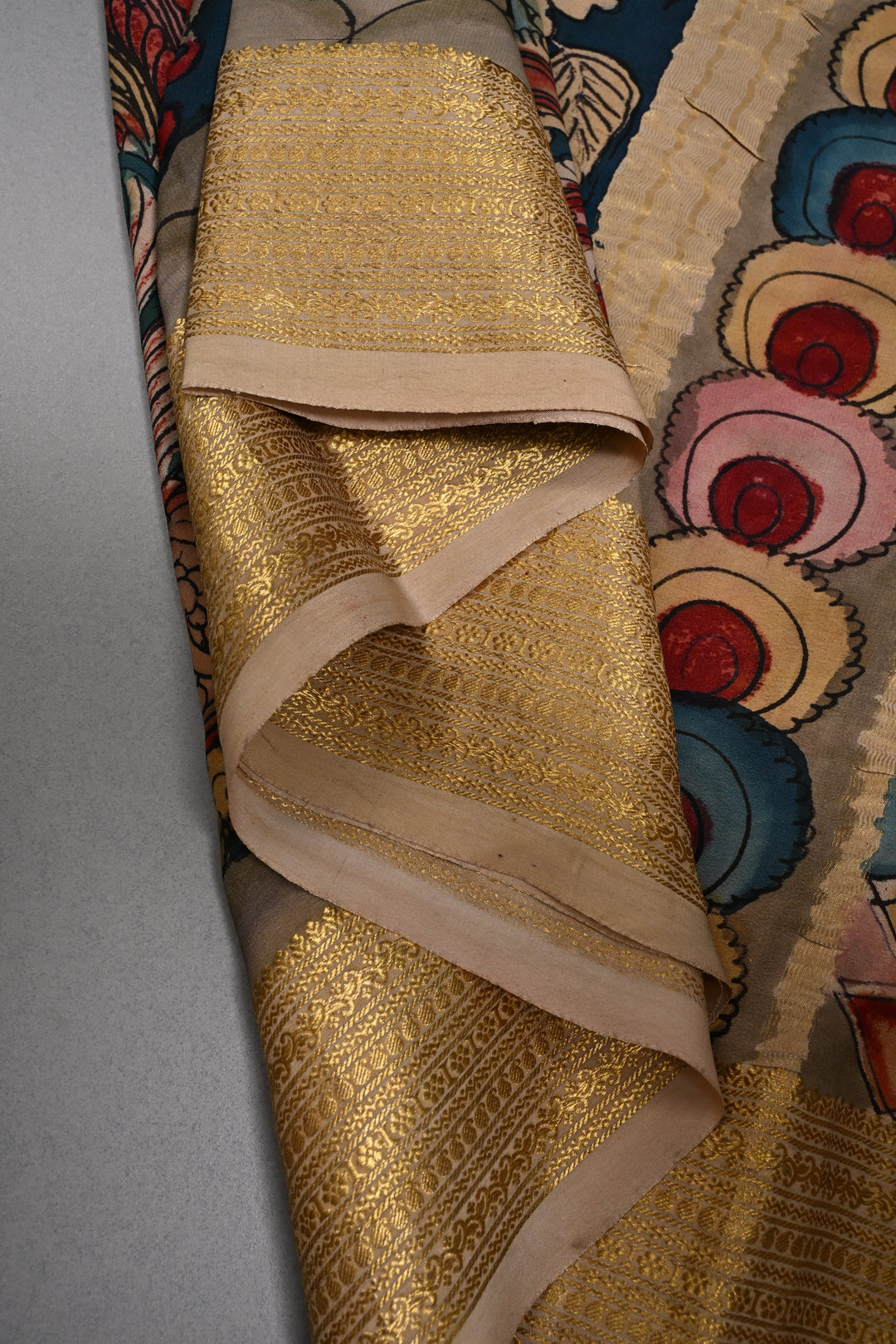 Floral and Peacock Theme : Authentic Pen Kalamkari Handpainted  on Mysore Silk Saree with Zari Border | SILK MARK CERTIFIED | SHOBITAM