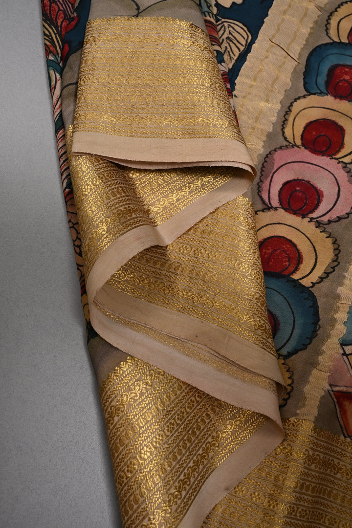 Floral and Peacock Theme : Authentic Pen Kalamkari Handpainted  on Mysore Silk Saree with Zari Border | SILK MARK CERTIFIED | SHOBITAM