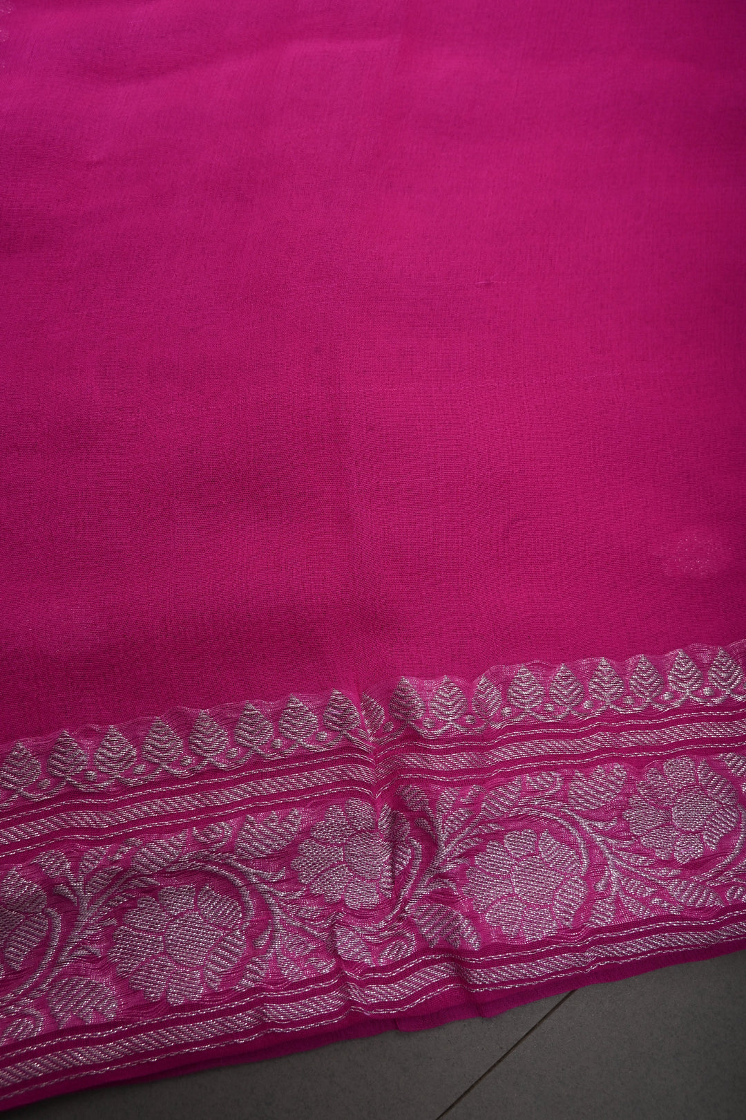 Bright Pink Pure Chiffon Silk Saree with Silver Tone Floral Zari Buttas and Zari Border | SILK MARK CERTIFIED | SHOBITAM