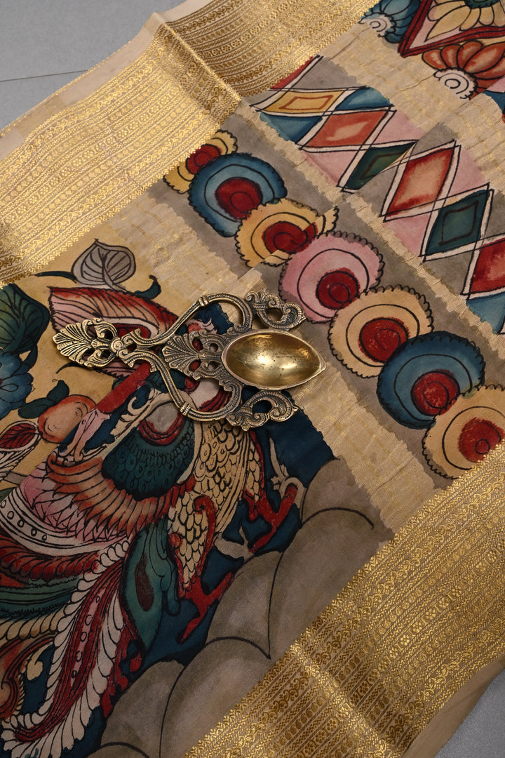 Floral and Peacock Theme : Authentic Pen Kalamkari Handpainted  on Mysore Silk Saree with Zari Border | SILK MARK CERTIFIED | SHOBITAM