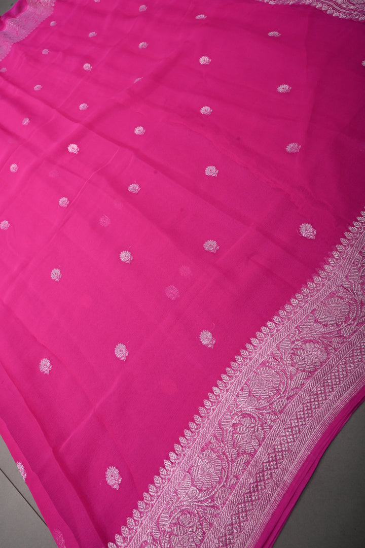 Bright Pink Pure Chiffon Silk Saree with Silver Tone Floral Zari Buttas and Zari Border | SILK MARK CERTIFIED | SHOBITAM