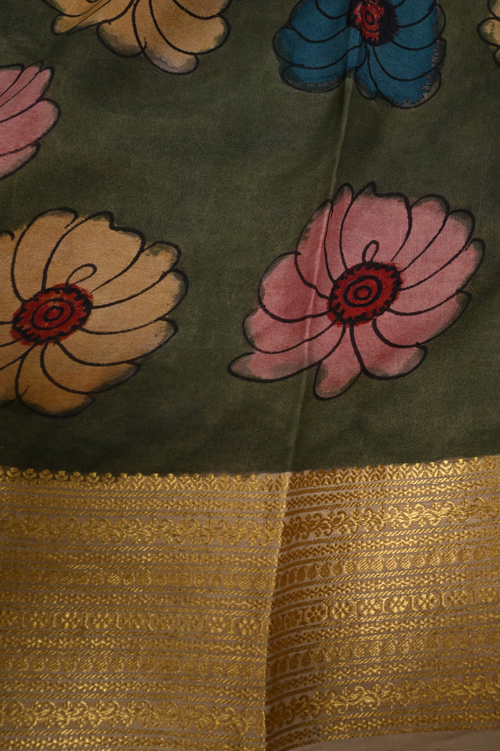 Floral and Peacock Theme : Authentic Pen Kalamkari Handpainted  on Mysore Silk Saree with Zari Border | SILK MARK CERTIFIED | SHOBITAM