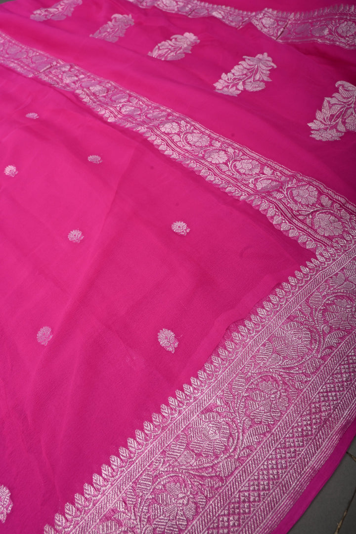 Bright Pink Pure Chiffon Silk Saree with Silver Tone Floral Zari Buttas and Zari Border | SILK MARK CERTIFIED | SHOBITAM