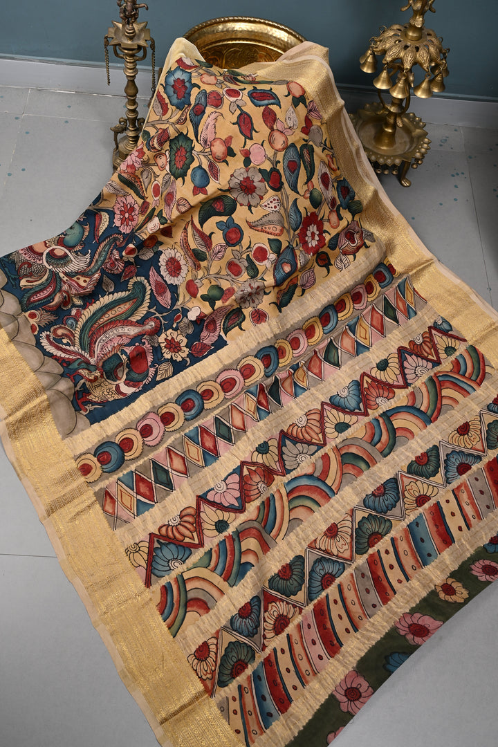 Floral and Peacock Theme : Authentic Pen Kalamkari Handpainted  on Mysore Silk Saree with Zari Border | SILK MARK CERTIFIED | SHOBITAM