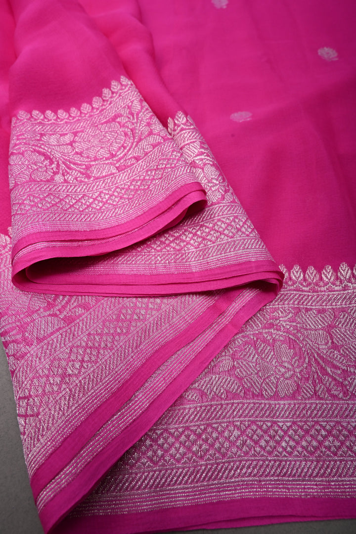 Bright Pink Pure Chiffon Silk Saree with Silver Tone Floral Zari Buttas and Zari Border | SILK MARK CERTIFIED | SHOBITAM