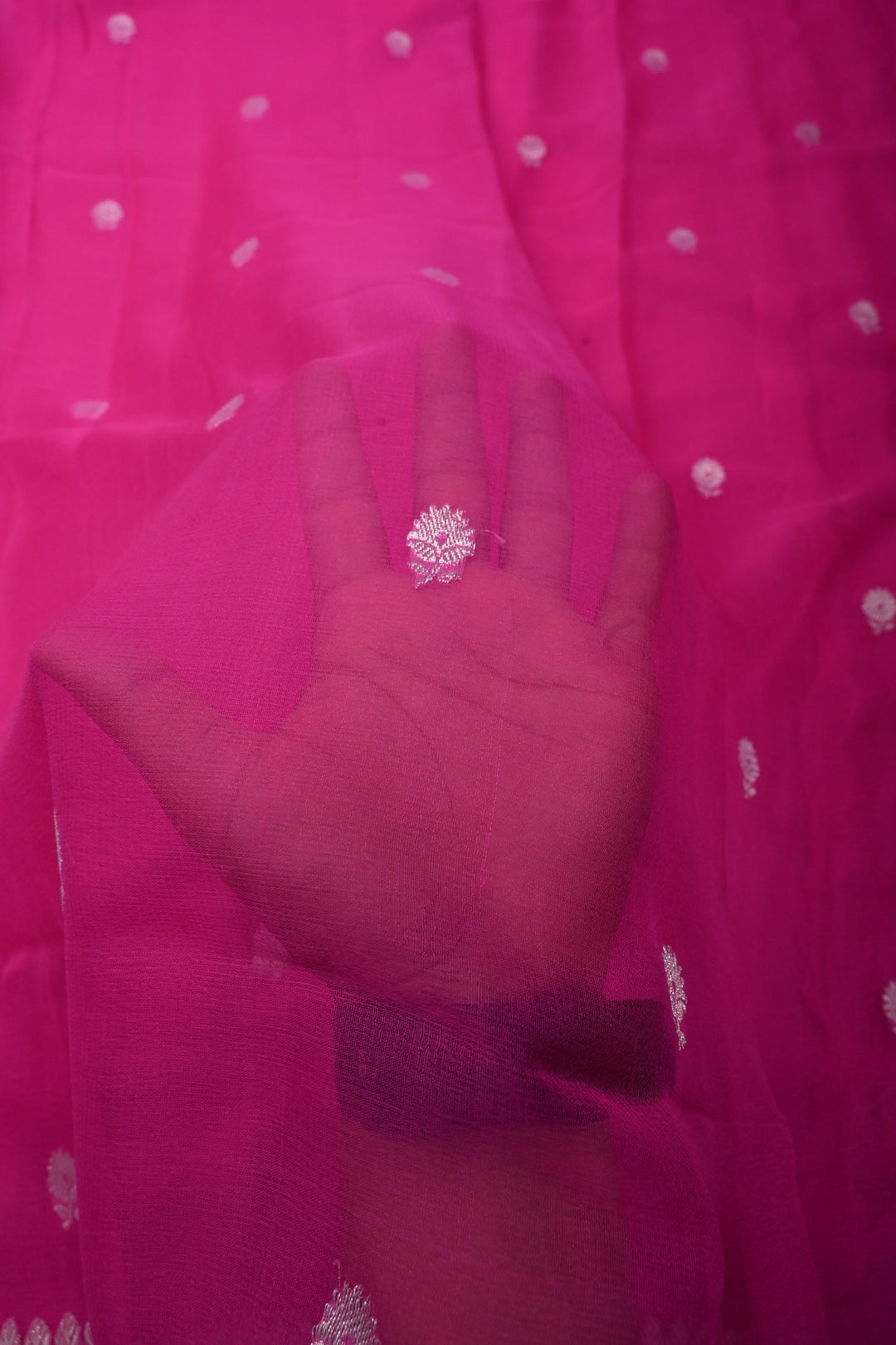 Bright Pink Pure Chiffon Silk Saree with Silver Tone Floral Zari Buttas and Zari Border | SILK MARK CERTIFIED | SHOBITAM