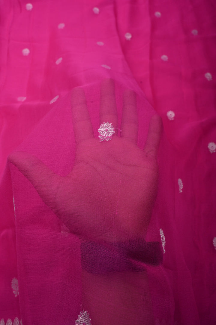 Bright Pink Pure Chiffon Silk Saree with Silver Tone Floral Zari Buttas and Zari Border | SILK MARK CERTIFIED | SHOBITAM