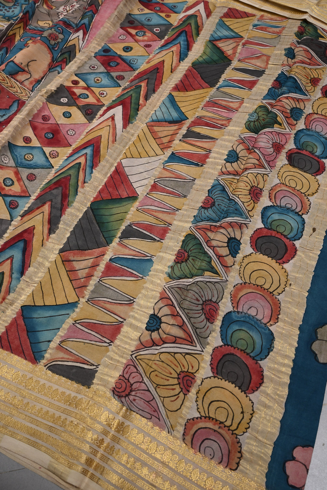 Vanasingaram Grid Theme : Authentic Pen Kalamkari Handpainted on Mysore Silk Saree with Zari Border | SILK MARK CERTIFIED | SHOBITAM