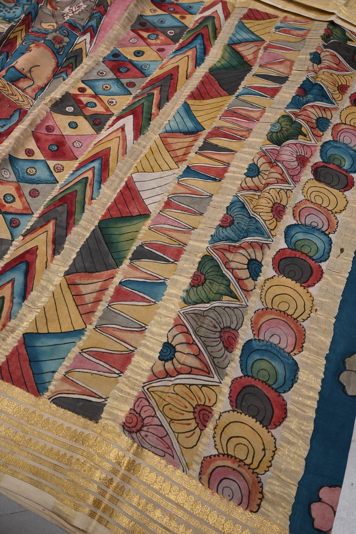 Vanasingaram Grid Theme : Authentic Pen Kalamkari Handpainted on Mysore Silk Saree with Zari Border | SILK MARK CERTIFIED | SHOBITAM