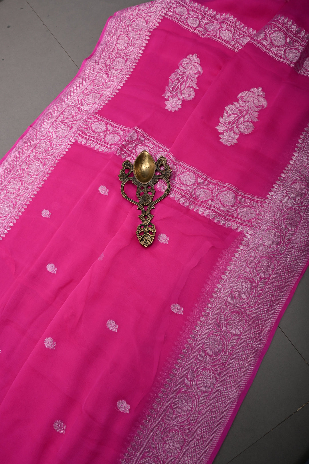 Bright Pink Pure Chiffon Silk Saree with Silver Tone Floral Zari Buttas and Zari Border | SILK MARK CERTIFIED | SHOBITAM
