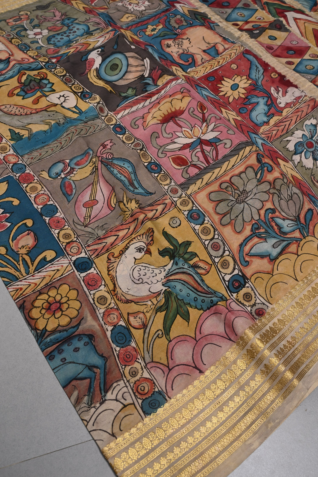 Vanasingaram Grid Theme : Authentic Pen Kalamkari Handpainted on Mysore Silk Saree with Zari Border | SILK MARK CERTIFIED | SHOBITAM