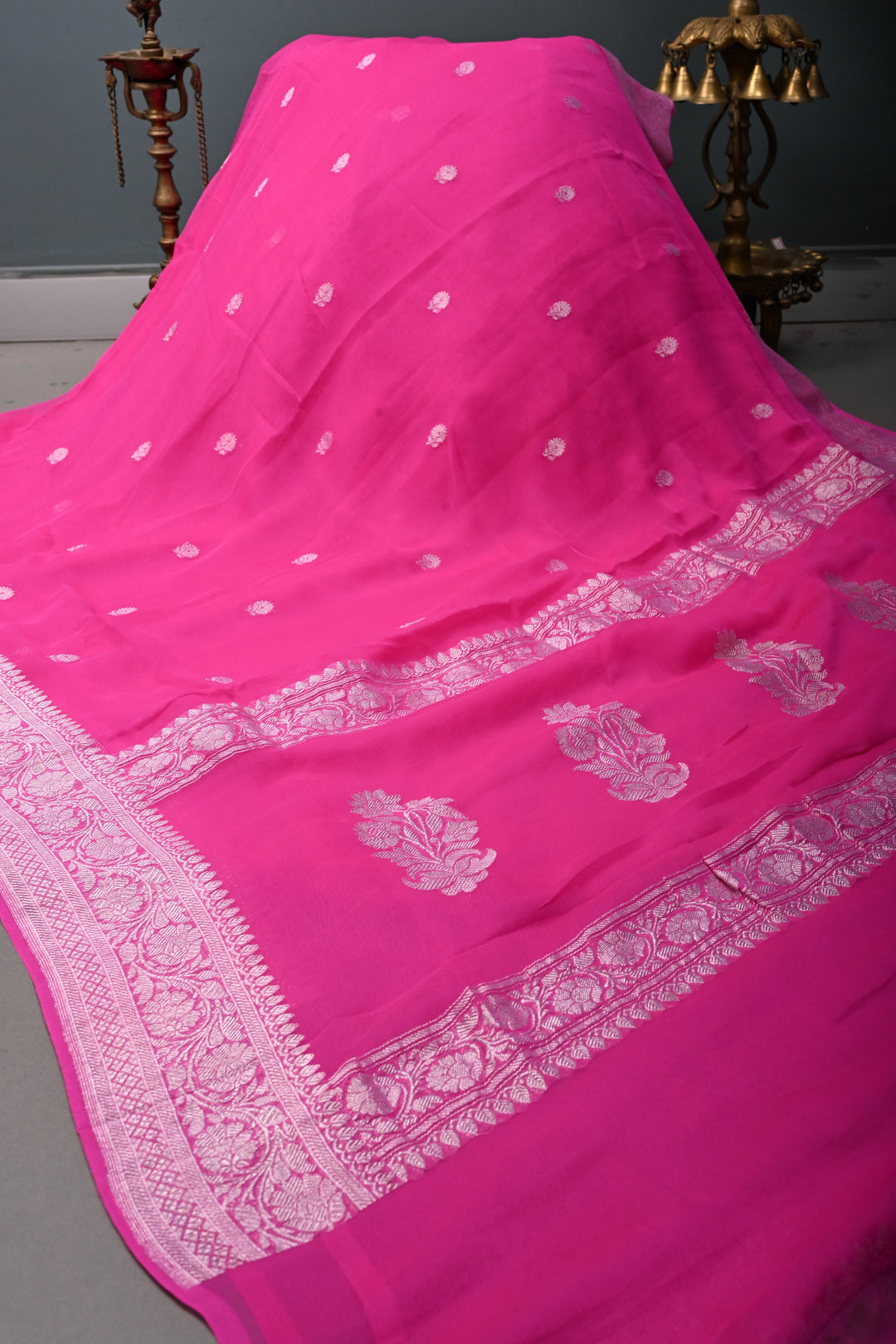 Bright Pink Pure Chiffon Silk Saree with Silver Tone Floral Zari Buttas and Zari Border | SILK MARK CERTIFIED | SHOBITAM