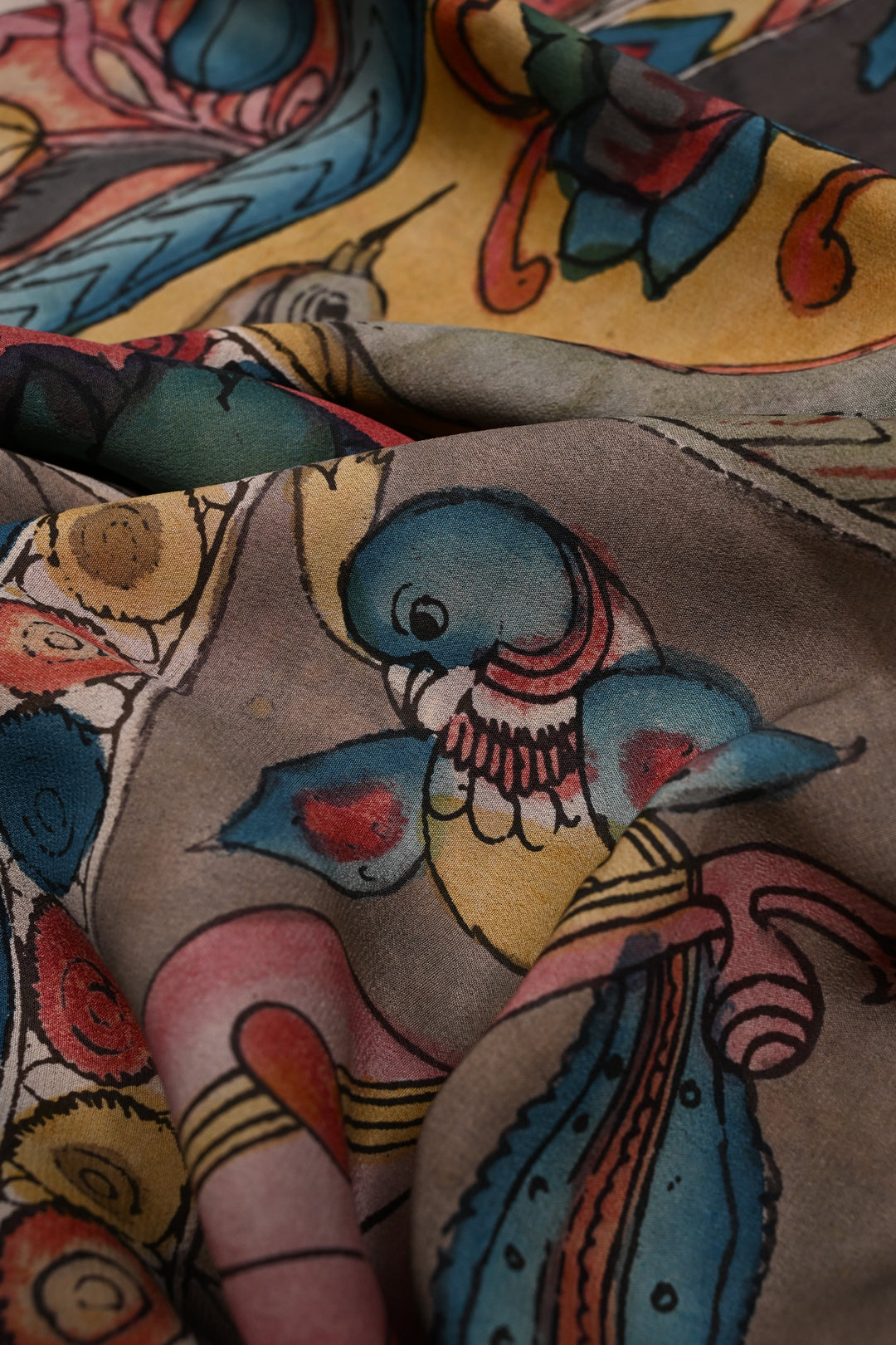 Vanasingaram Grid Theme : Authentic Pen Kalamkari Handpainted on Mysore Silk Saree with Zari Border | SILK MARK CERTIFIED | SHOBITAM