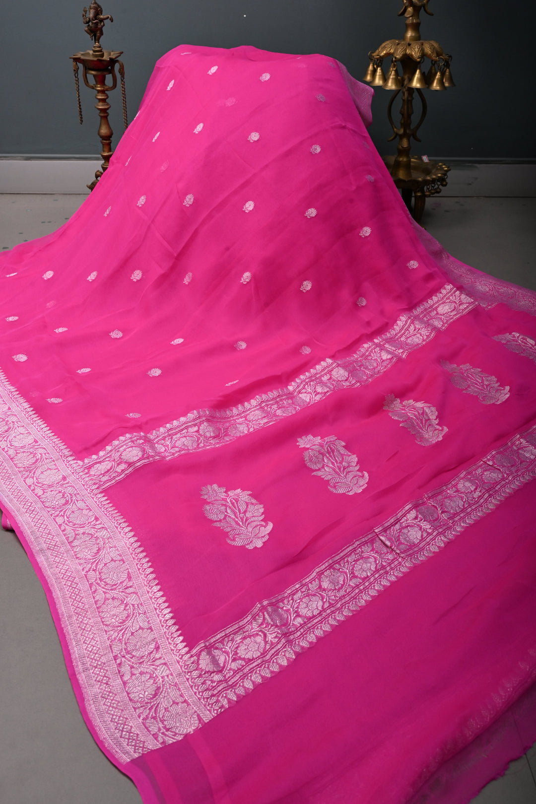 Bright Pink Pure Chiffon Silk Saree with Silver Tone Floral Zari Buttas and Zari Border | SILK MARK CERTIFIED | SHOBITAM