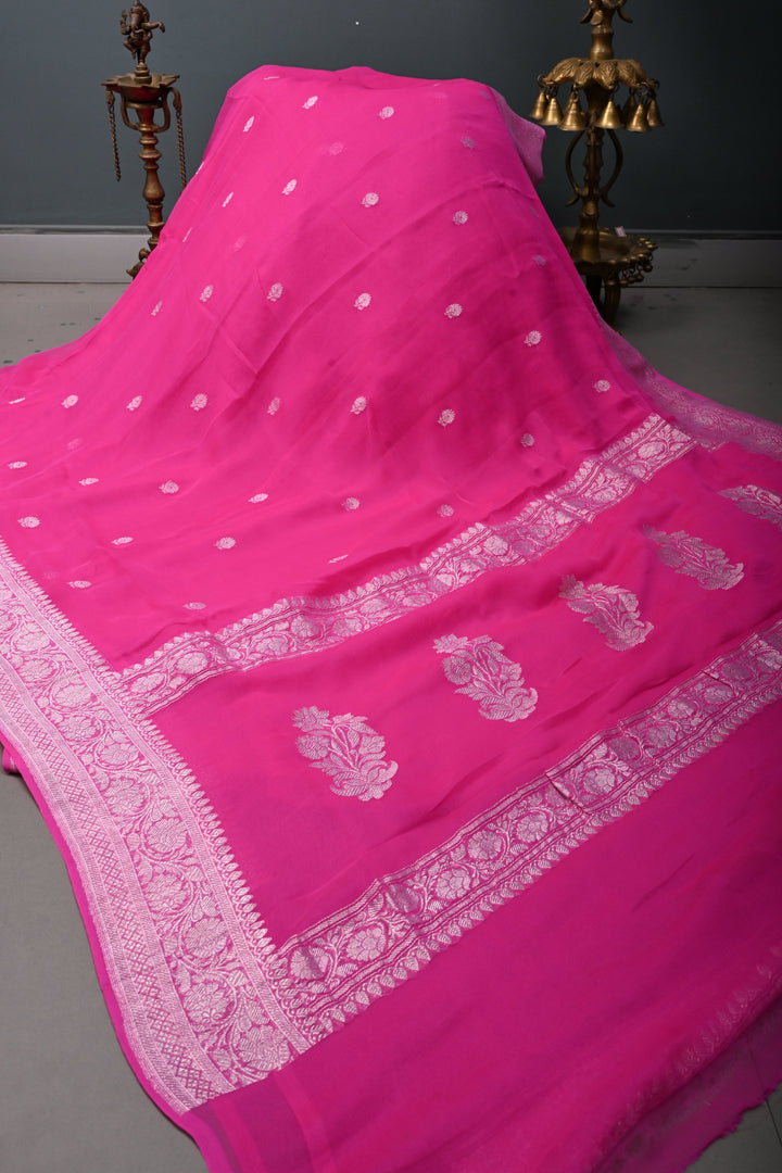 Bright Pink Pure Chiffon Silk Saree with Silver Tone Floral Zari Buttas and Zari Border | SILK MARK CERTIFIED | SHOBITAM