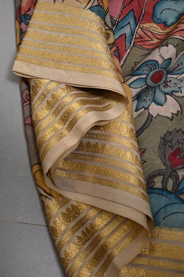 Vanasingaram Grid Theme : Authentic Pen Kalamkari Handpainted on Mysore Silk Saree with Zari Border | SILK MARK CERTIFIED | SHOBITAM
