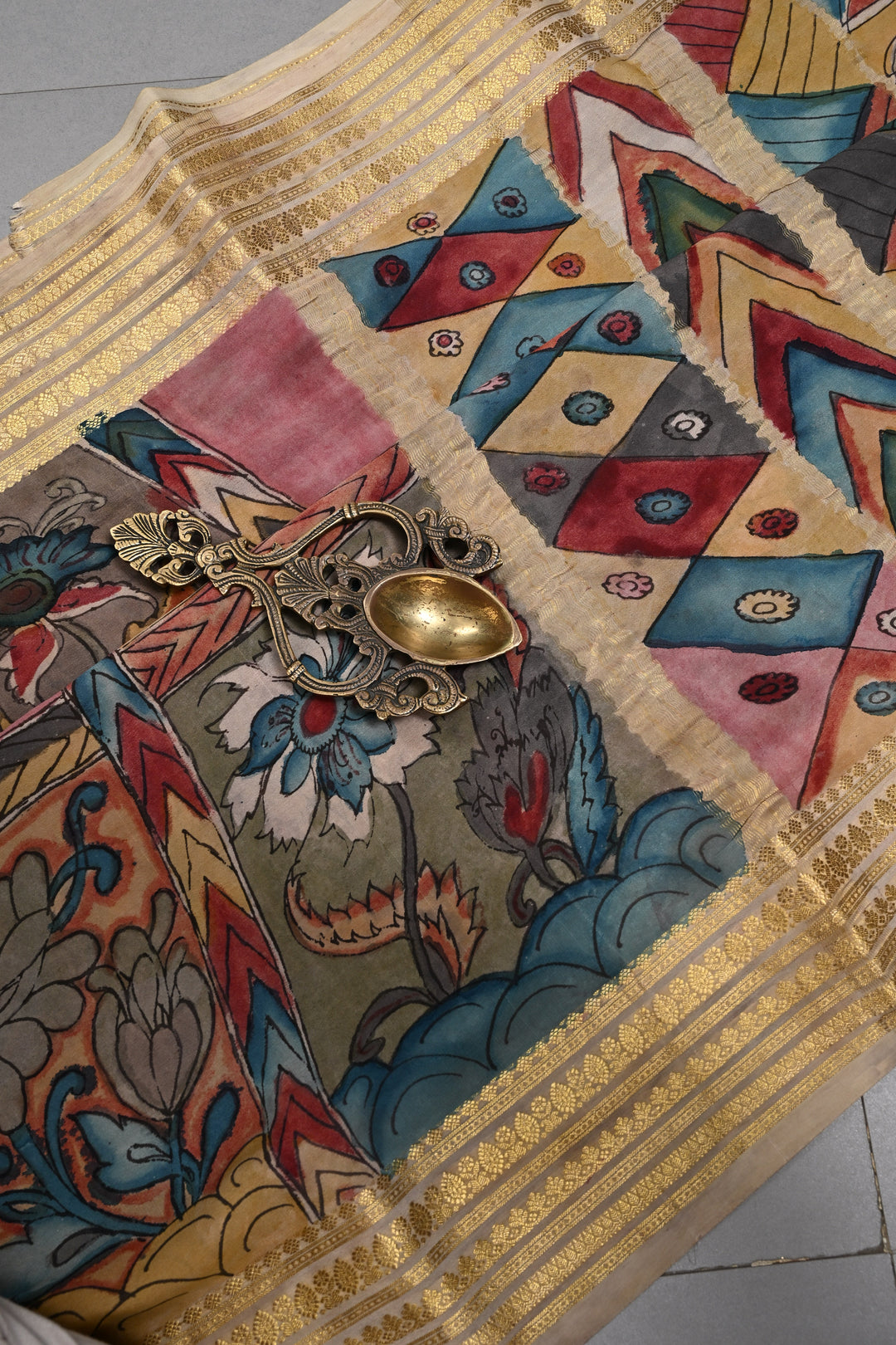 Vanasingaram Grid Theme : Authentic Pen Kalamkari Handpainted on Mysore Silk Saree with Zari Border | SILK MARK CERTIFIED | SHOBITAM
