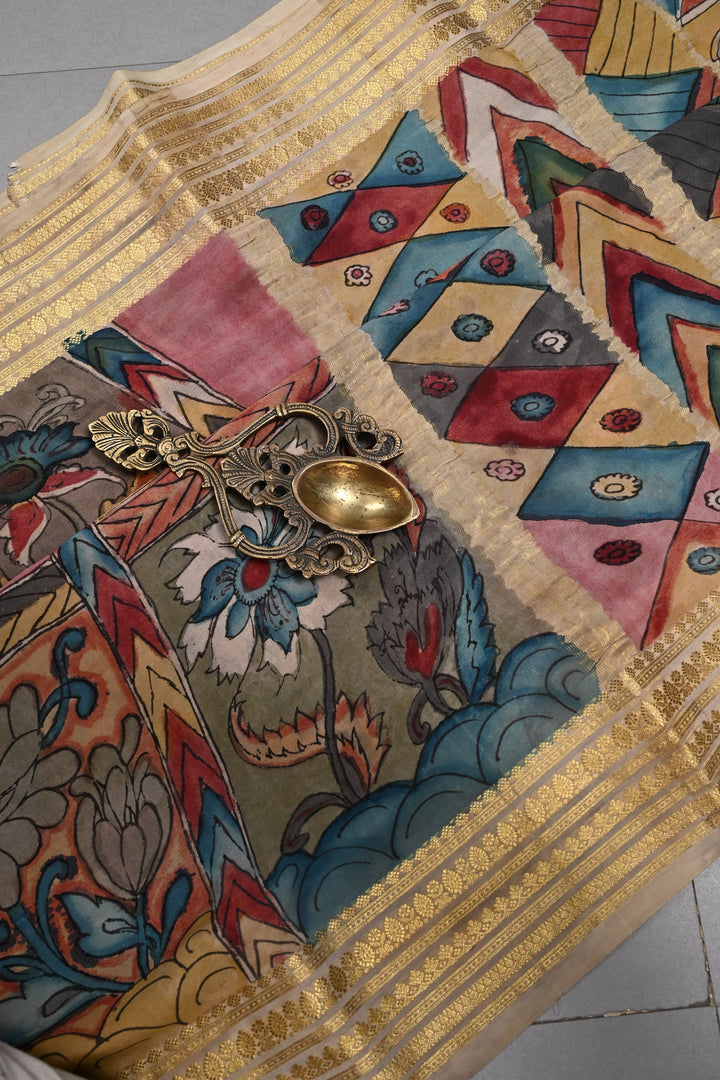 Vanasingaram Grid Theme : Authentic Pen Kalamkari Handpainted on Mysore Silk Saree with Zari Border | SILK MARK CERTIFIED | SHOBITAM