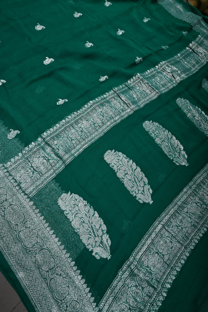 Teal Green Pure Chiffon Silk Saree with Silver tone Zari Buttas and Border | SILK MARK CERTIFIED | SHOBITAM