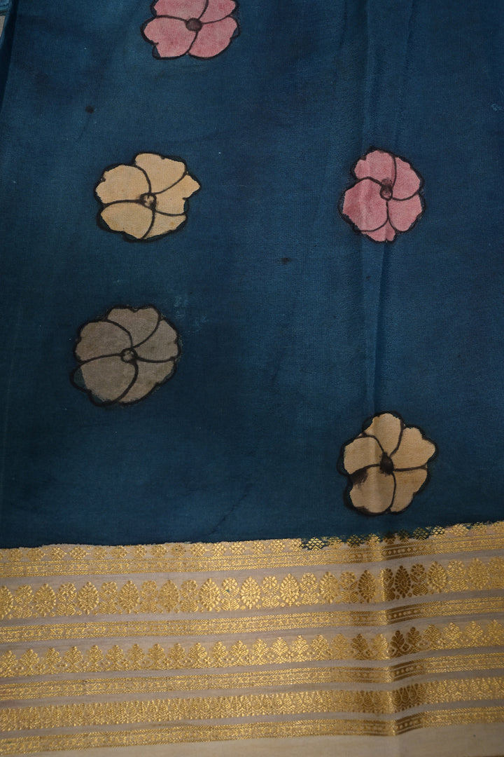 Vanasingaram Grid Theme : Authentic Pen Kalamkari Handpainted on Mysore Silk Saree with Zari Border | SILK MARK CERTIFIED | SHOBITAM