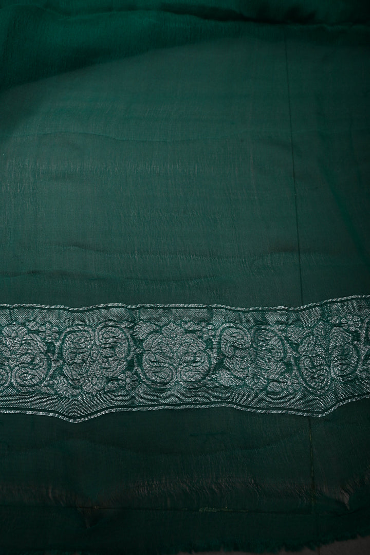 Teal Green Pure Chiffon Silk Saree with Silver tone Zari Buttas and Border | SILK MARK CERTIFIED | SHOBITAM