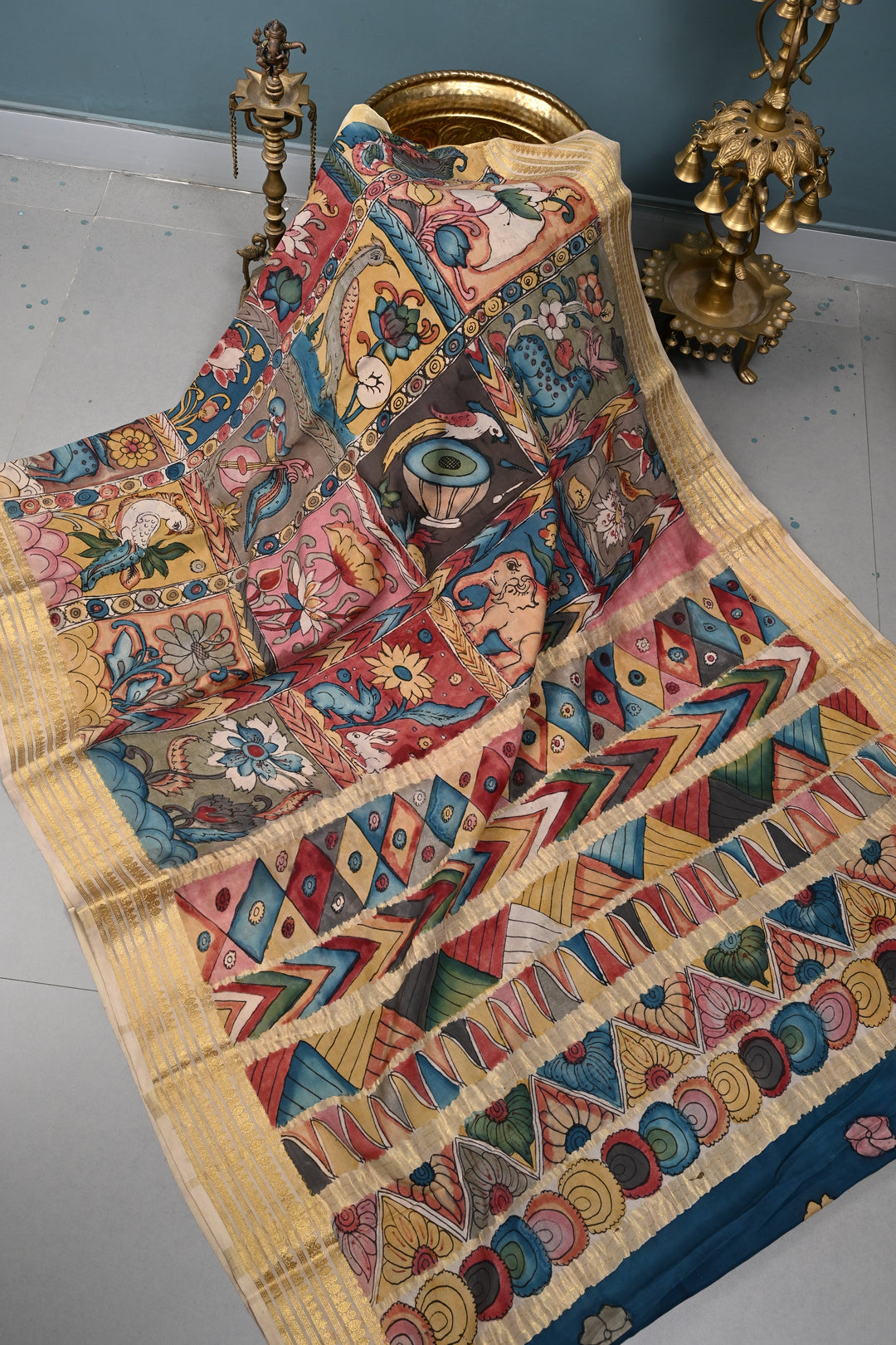Vanasingaram Grid Theme : Authentic Pen Kalamkari Handpainted on Mysore Silk Saree with Zari Border | SILK MARK CERTIFIED | SHOBITAM
